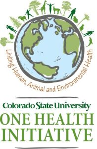 A CSU One Health Initiative graphic with a world surrounded by people, animals, and plants, saying "Linking Human, Animal and Environmental Health"