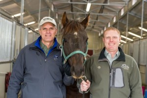 Drs. Patrick McCue and Ryan Ferris pose with a dark brown horse