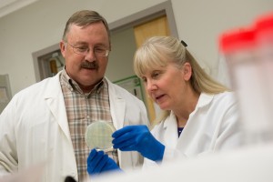 Russ Anthony examines a Petri dish with a female researcher.
