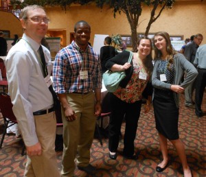 From left at Research Day are Thomas Johnson, associate professor at CSU and training director of the MAP ERC Health Physics program, with students Ammon Langley, Amanda VanDyke and Laura Krause.