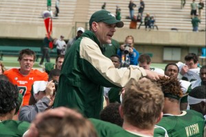 The Green and Gold football game at Sonny Lubick Field at Hughes Stadium The Green team won 38-34 and was treated to a steak dinner. The losing gold team got hot dogs. April 18, 2015