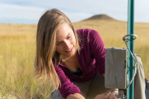 Colorado State University ecology PhD student checks a wildlife camera in the City of Fort Collins Soapstone Prairie Natural Area, September 22, 2015, in the area where a herd of purebred American bison will be released in the fall of 2015.