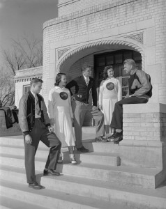 From left, Donald Dobler (future College of Business Dean), Roy Romer (Future Colorado Governor), Unidentified, Unidentified and Unidentified, hang out on campus on December 6, 1948.