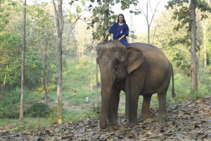 Ashley Colburn rides an elephant during a shoot for a travel program.