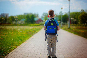 Little boy with a backpack go to school. Back view