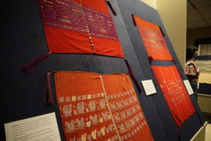 These traditional men’s head cloths or Tzute (pronounced zoo-tay) are from the municipality of Chichicastenago and date to the 1920s. Donor: Martha Egan