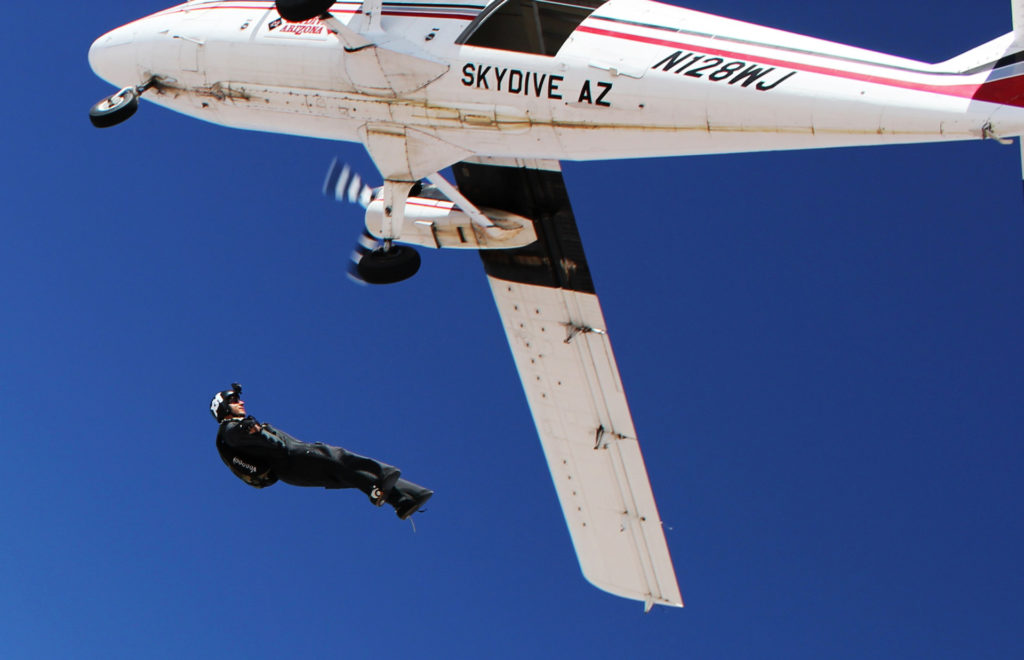 Bernard Dime exits a plane in a skydiving wingsuit. (Provided by Bernard Dime)