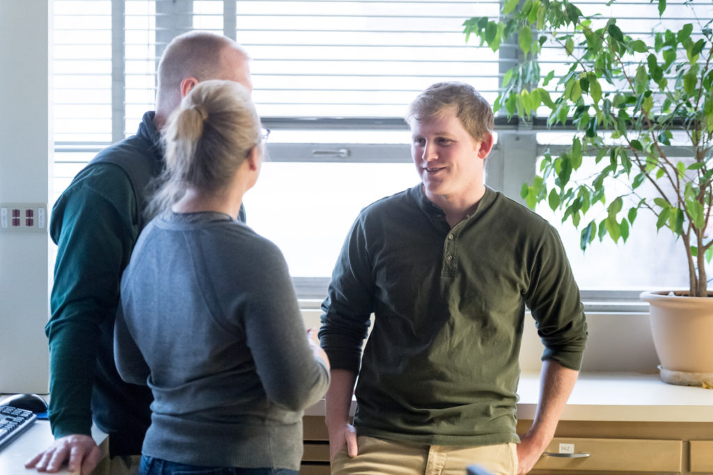 Toxicology Masters student Tim Mowry talks with mentors Associate Professor Marie Legare and Professor William Hanneman, all with Environmental and Radiological Health Sciences, talk about Mowry’s upcoming fellowship in Japan. December 6, 2016