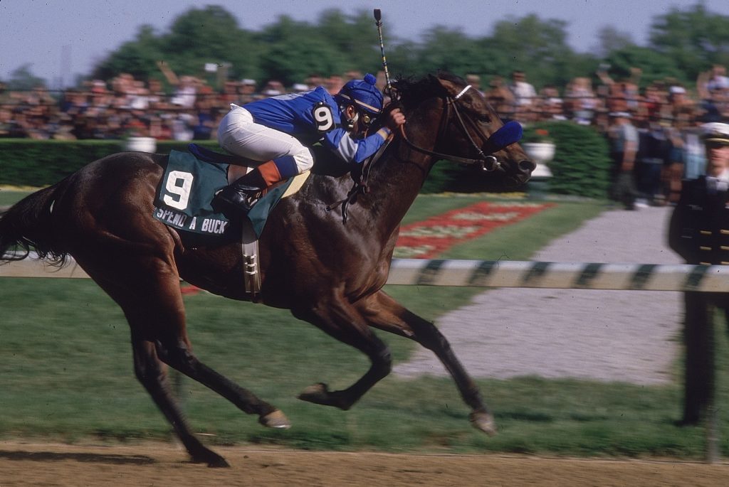 UNITED STATES - MAY 04: Horse Racing: Kentucky Derby, Angel Cordero Jr, in action aboard Spend A Buck (9) during race at Churchill Downs, Louisville, KY 5/4/1985 (Photo by Heinz Kluetmeier/Sports Illustrated/Getty Images) (SetNumber: X31454)