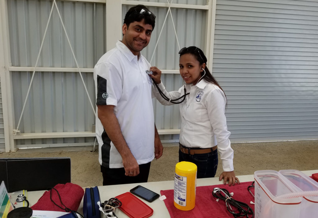 CSU biomedical sciences PhD candidate Asghar Ali works with a student from Mexico’s National Pedagogic University to teach K-12 students about the heart at the Colorado State University Todos Santos Center during the first day of the biomedical sciences anatomy and physiology outreach week.