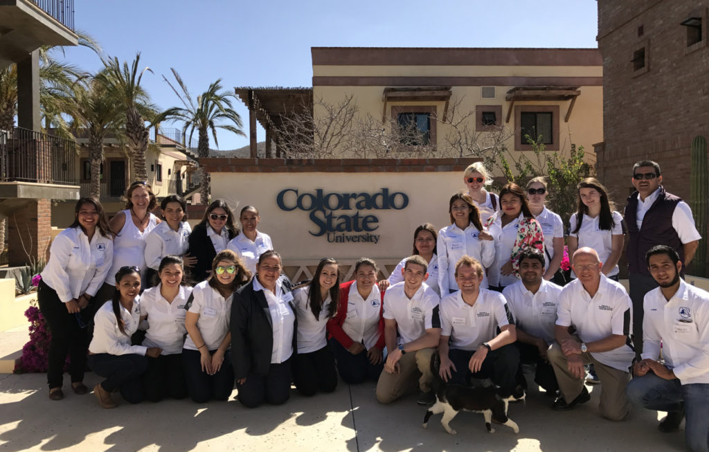 The CSU biomedical sciences anatomy and physiology outreach team with their peers from Mexico’s National Pedagogic University in front of the Colorado State University Todos Santos Center. 