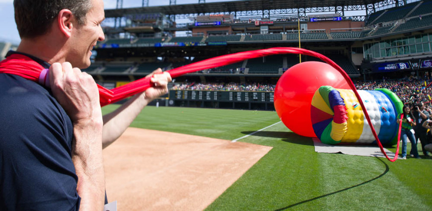 Colorado State University's Little Shop of Physics and meteorologists from 9News teach 8,000 children how science is fun with the Colorado Rockies during the 7th Annual Weather and Science Day at Coors Field, April 23, 2015.
