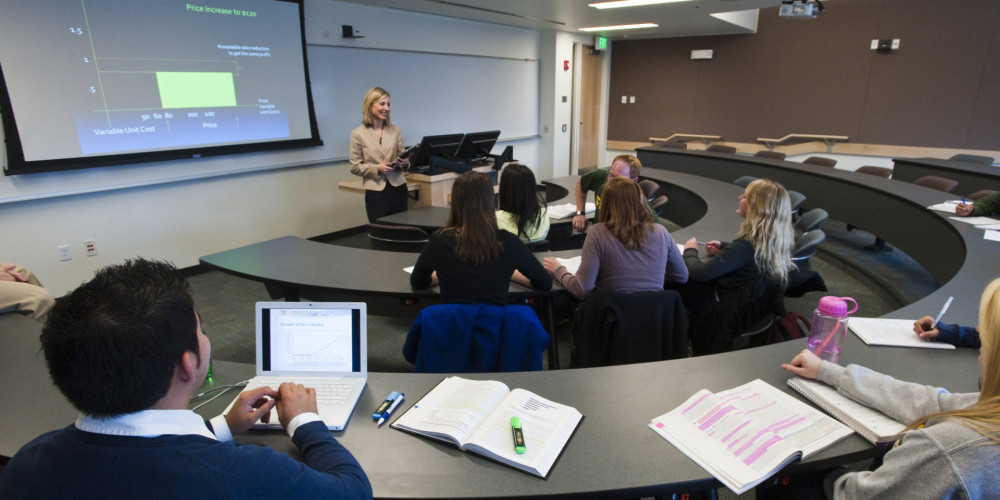 Colorado State University Marketing professor Kelly Martin teaches in a new classroom in the recently completed Rockwell Hall - West.
