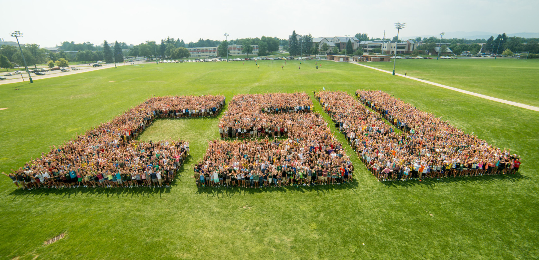 The class of 2019 spells out "CSU" during Ram Welcome, August 21, 2015
