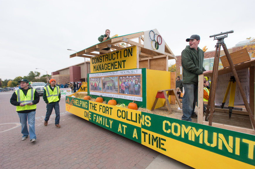 The CSU Department of Construction Management wins the Overall Sweepstakes Award during the 2012 Colorado State University Homecoming Parade, October 5, 2012.