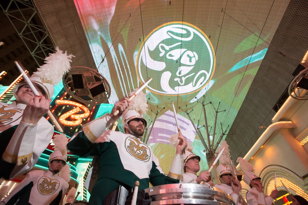 Colorado State and Utah fans gather for a pep rally at The Freemont Experience before the Las Vegas Bowl. December 19, 2014