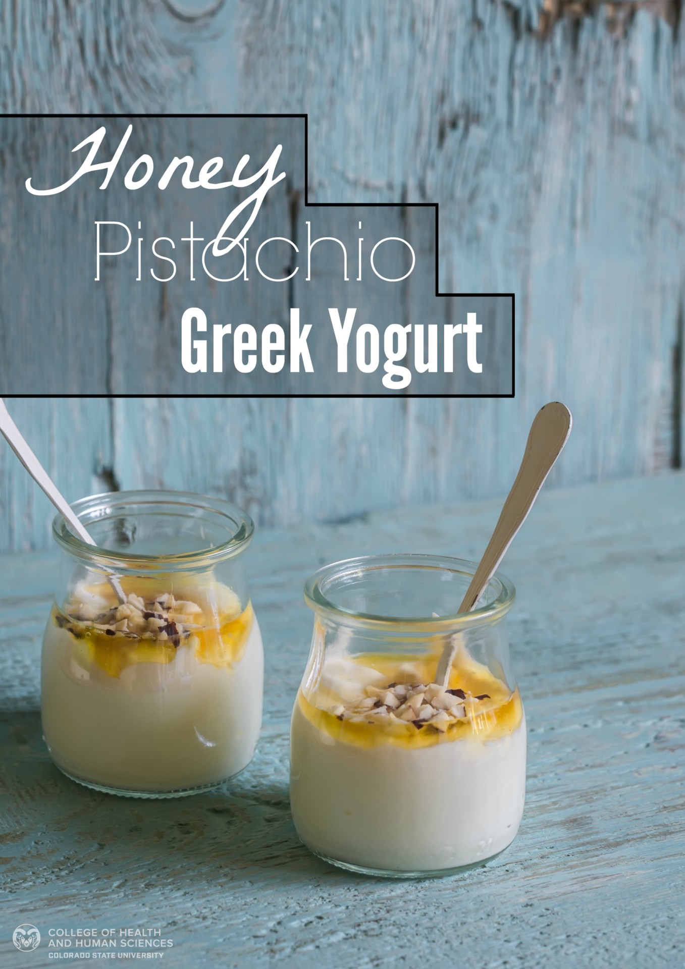 Greek yogurt with honey and nuts in a glass jar on blue wooden surface, vintage and rustic style