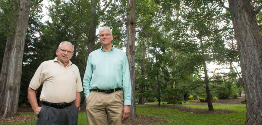 Fred Haberecht, Assistant Director of Facilities for Campus Planning and Jim Klett, Professor of Horticulture and Landscape Horticulturist, in the Colorado State University Arboretum.