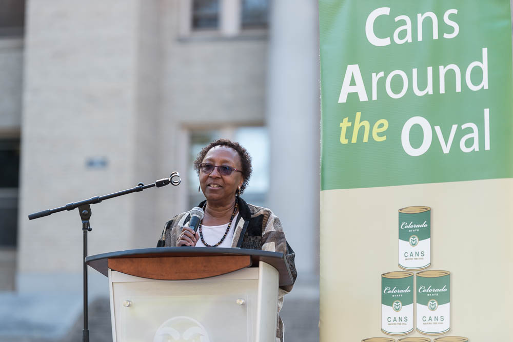 Colorado State University Vice President for Student Affairs Blanche Hughes speaks at the kick off of the 31st annual Cans Around the Oval food drive for the Food Bank for Larimer County, October 18, 2017.