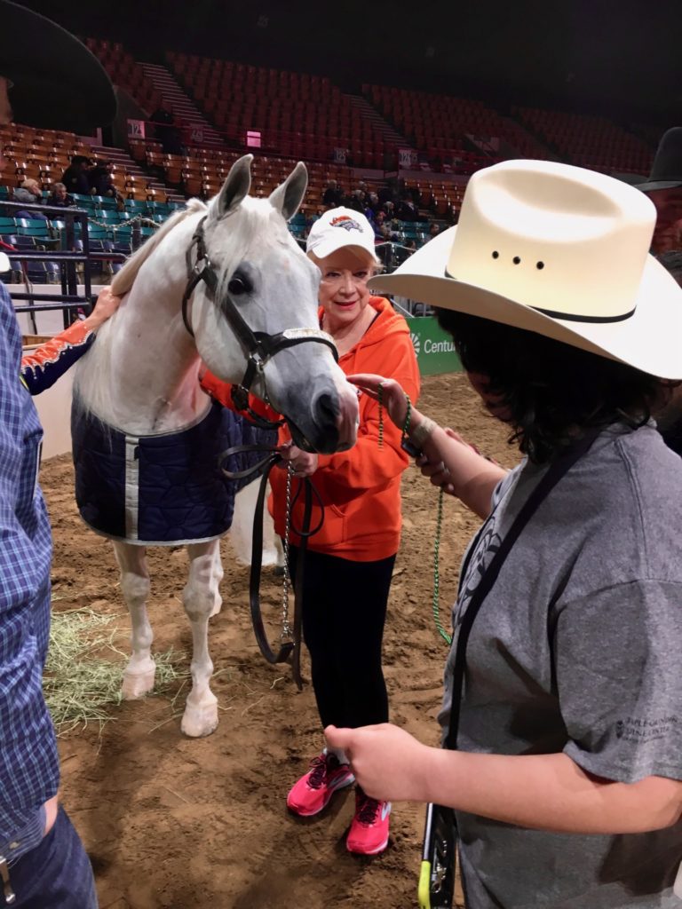 Exceptional Rodeo participant pets Denver Broncos mascot horse, Thunder.