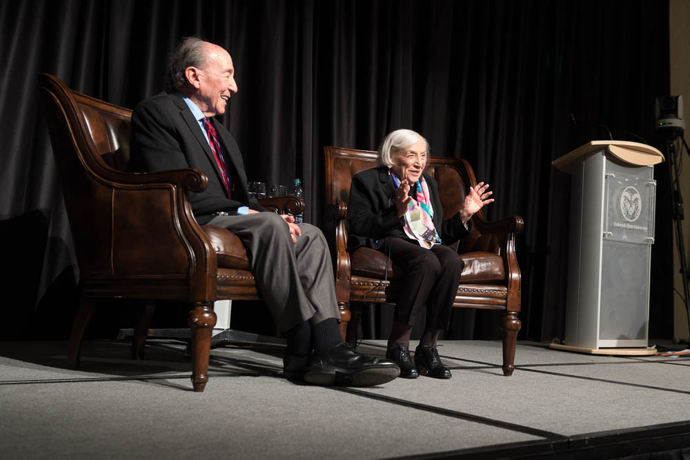 Holocaust survivor and decorated French spy Marthe Cohn, accompanied by her husband Major, speaks of her experiences fighting the Nazis during World War II at a Holocaust Awareness Week event at Colorado State University, February 21, 2018.