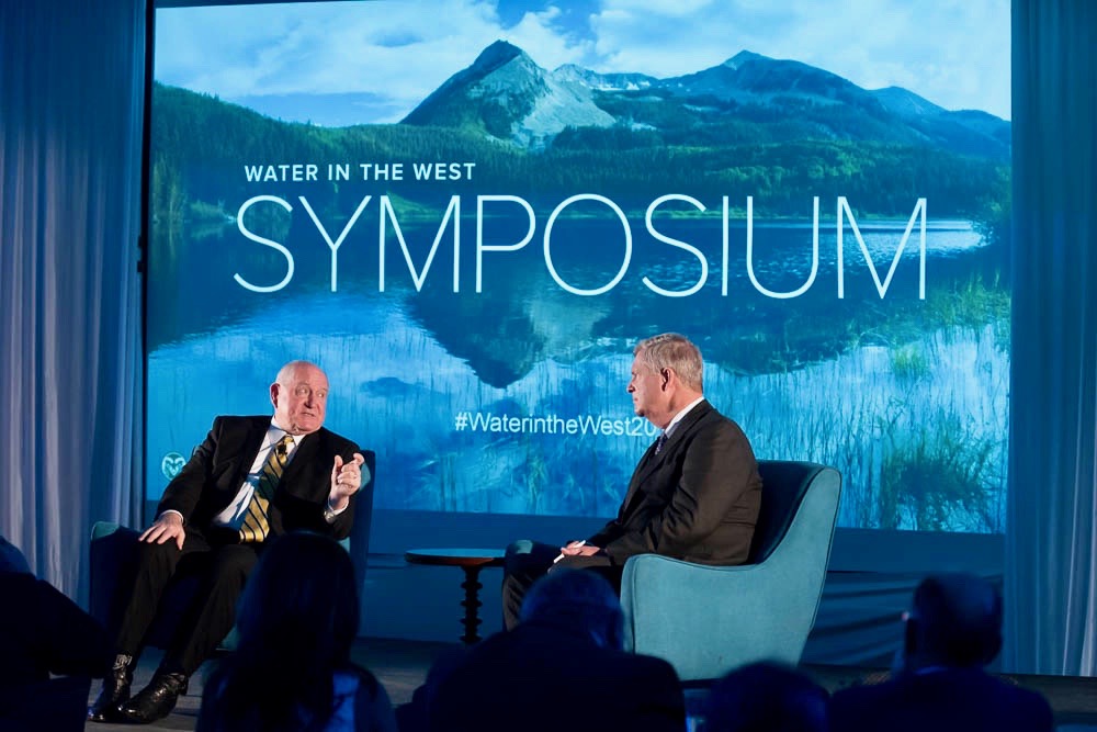 U.S. Secretary of Agriculture Sonny Perdue and former Secretary of Agriculture Tom Vilsack talk about water and food at the Water in the West Symposium hosted by the Colorado State University System at the McNichols Civic Center in Denver, April 27, 2018.