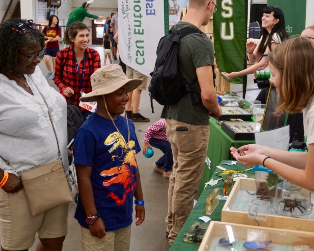 Young boy smiles as he examines Madagascar hissing cockroach from the CSU Bug Zoo at the 2018 Denver County Fair.
