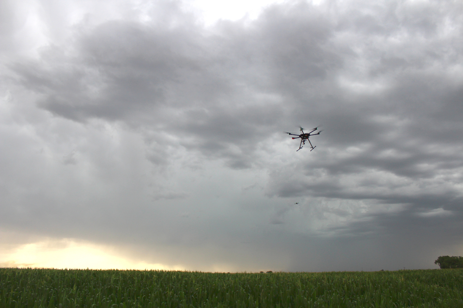 A drone flying over a field