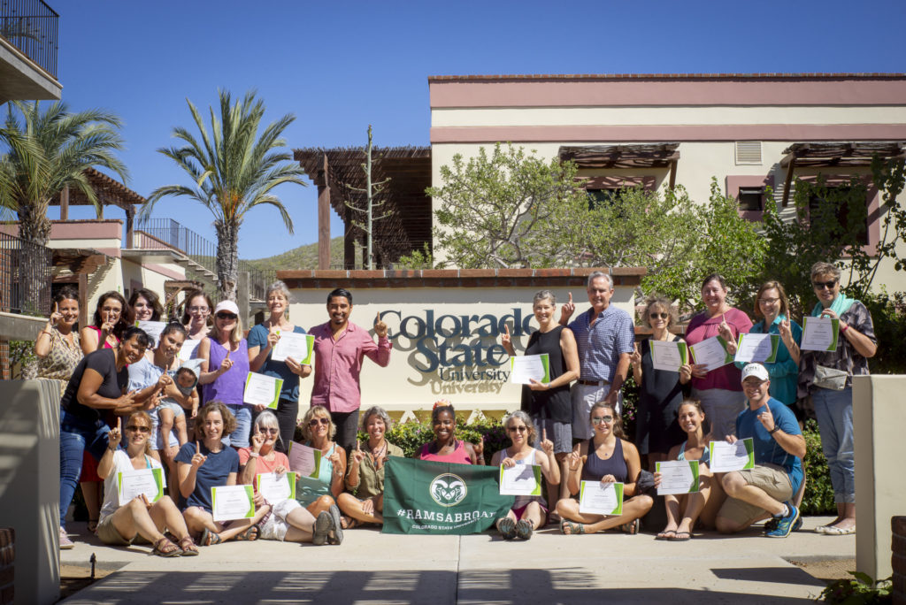 Participants of the 2018 Spanish & Culture Immersion Course pose in front of the CSU Todos Santos Center.