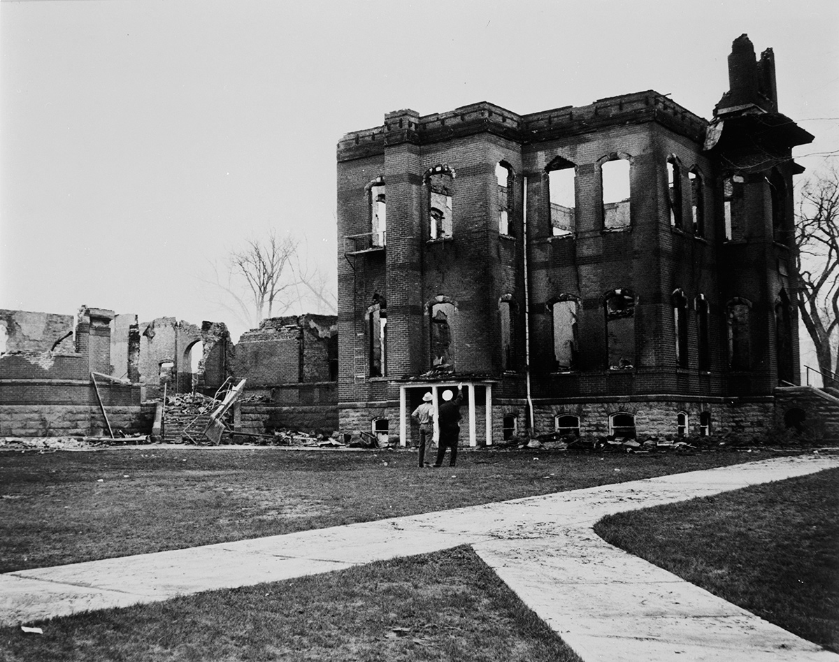 Old Main after burning in 1970