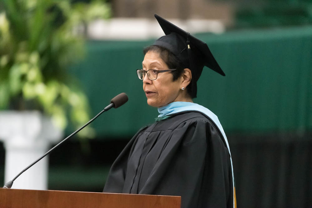 Mary Ontiveros speaking at commencement