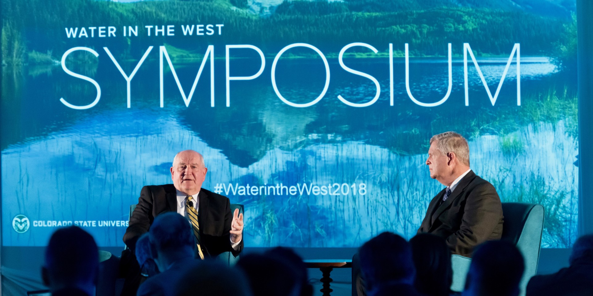 U.S. Secretary of Agriculture Sonny Purdue and former U.S. Secretary of Agriculture Tom Vilsack engage in a dialogue about water during the inaugural CSU System Water in the West Symposium in 2018.