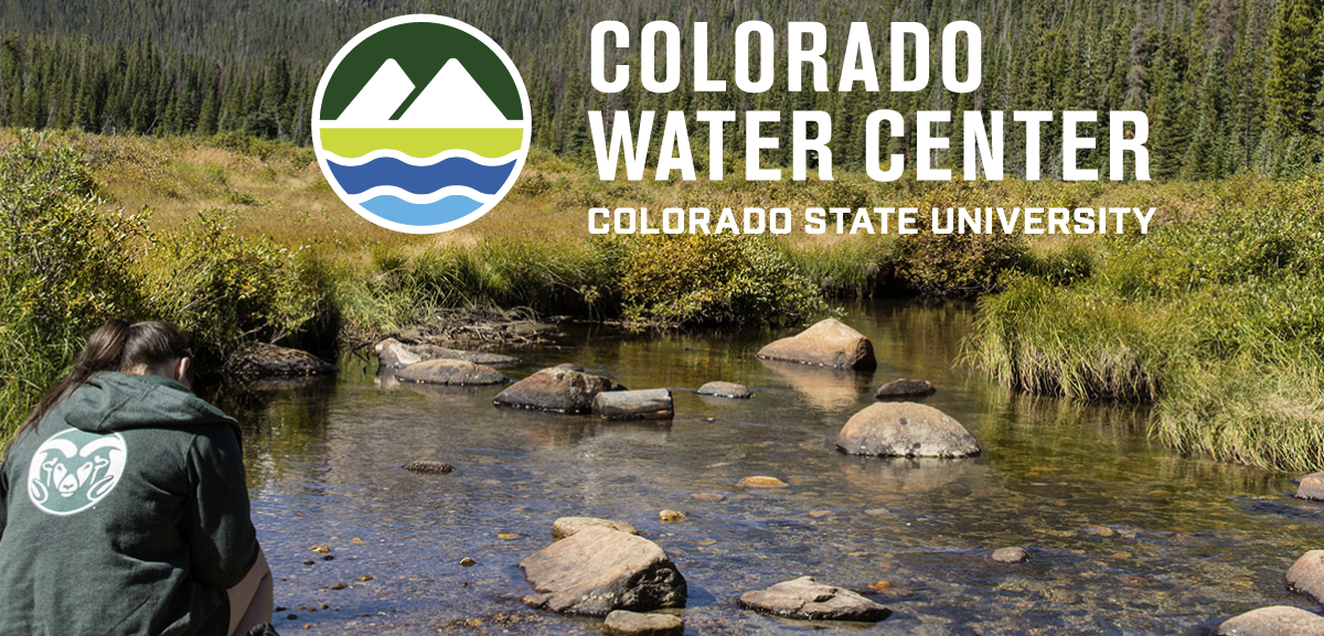 Photo of a CSU student working in a river with the Colorado Water Center logo