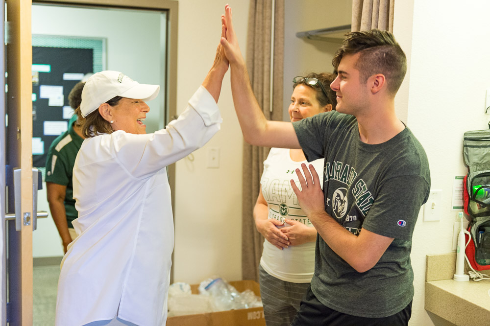CSU President Joyce McConnell greets new students move in to the residence halls during Ram Welcome. August 22, 2019