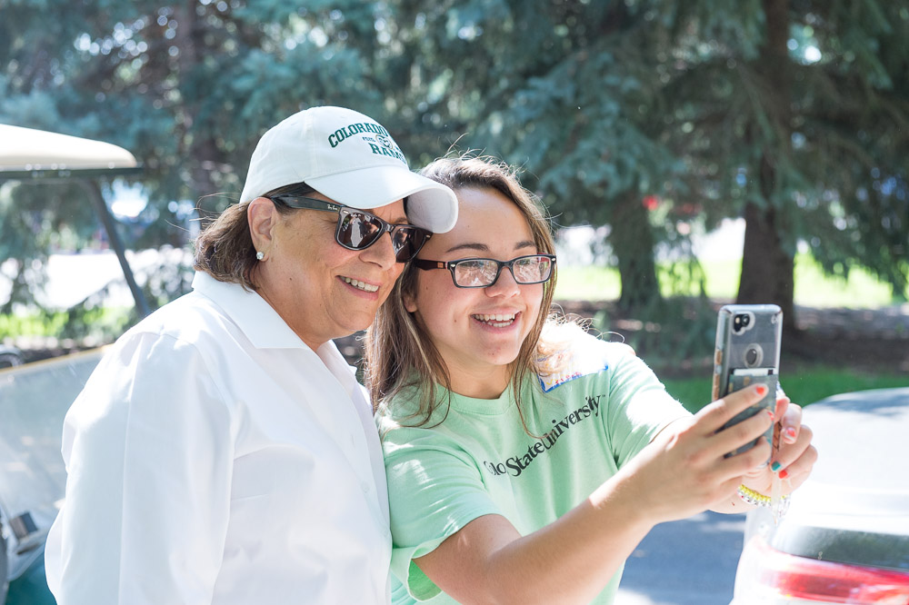 CSU President Joyce McConnell greets new students move in to the residence halls during Ram Welcome. August 22, 2019