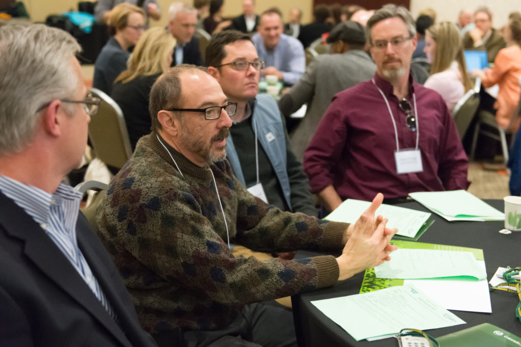 Colorado State University, community and industry leaders meet in small groups moderated by CSU students with the Center for Public Deliberation at the Innovation and Economic Prosperity Feedback Forum, January 27, 2016.