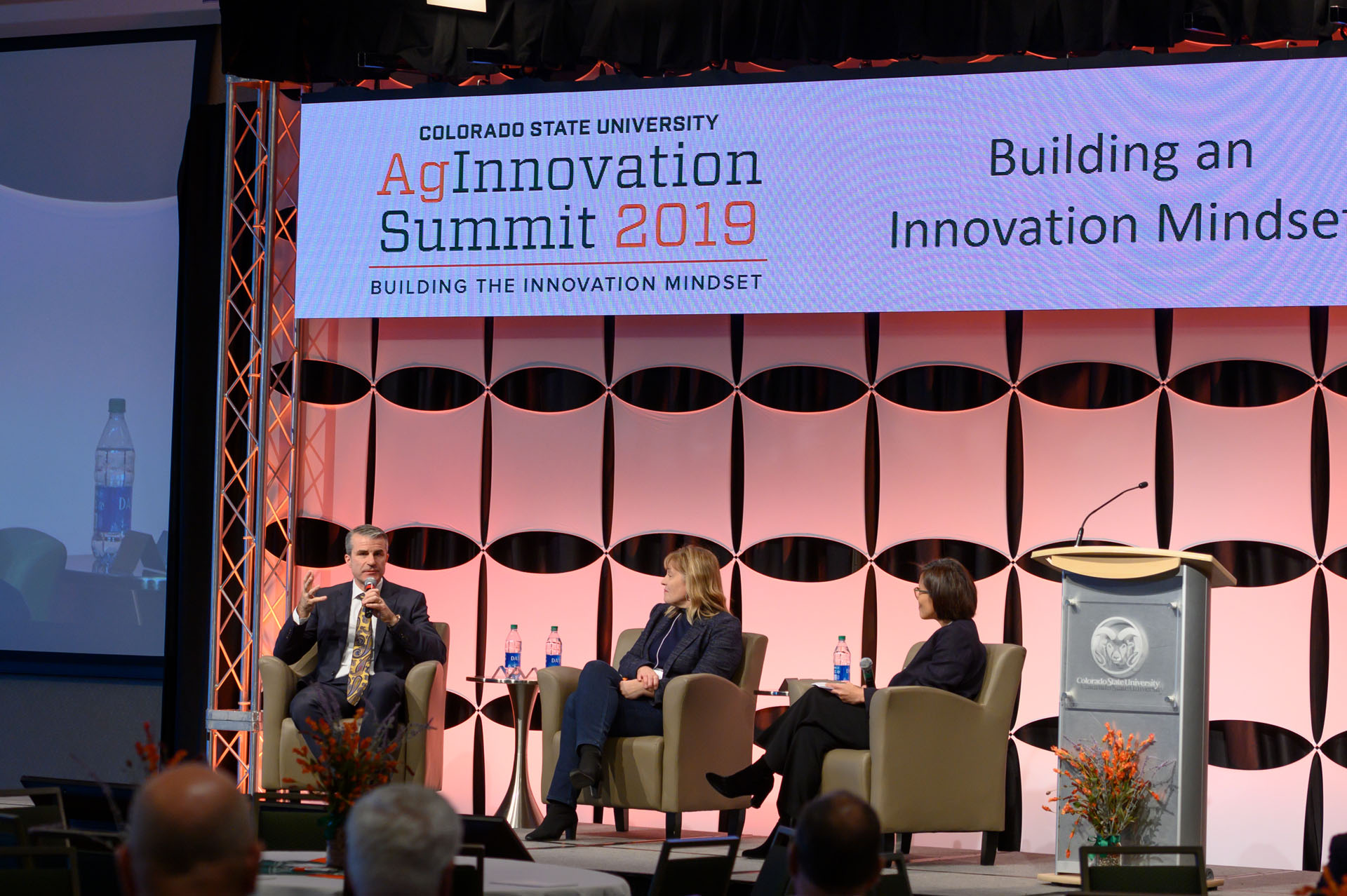 Angela Ichwan, Senior Director Technical Lead, The Annex by Ardent Mills, moderates a Leadership Discussion on Building an Innovation Mindset, featuring panelists Jodi Benson, Chief Innovation Technology and Quality Officer, General Mills, and Florian Schattenmann, Chief Technology Officer and Vice President for Innovation Research and Development, Cargill, at the 2019 AgInnovation Summit, “Building the innovation mindset.” December 6, 2019