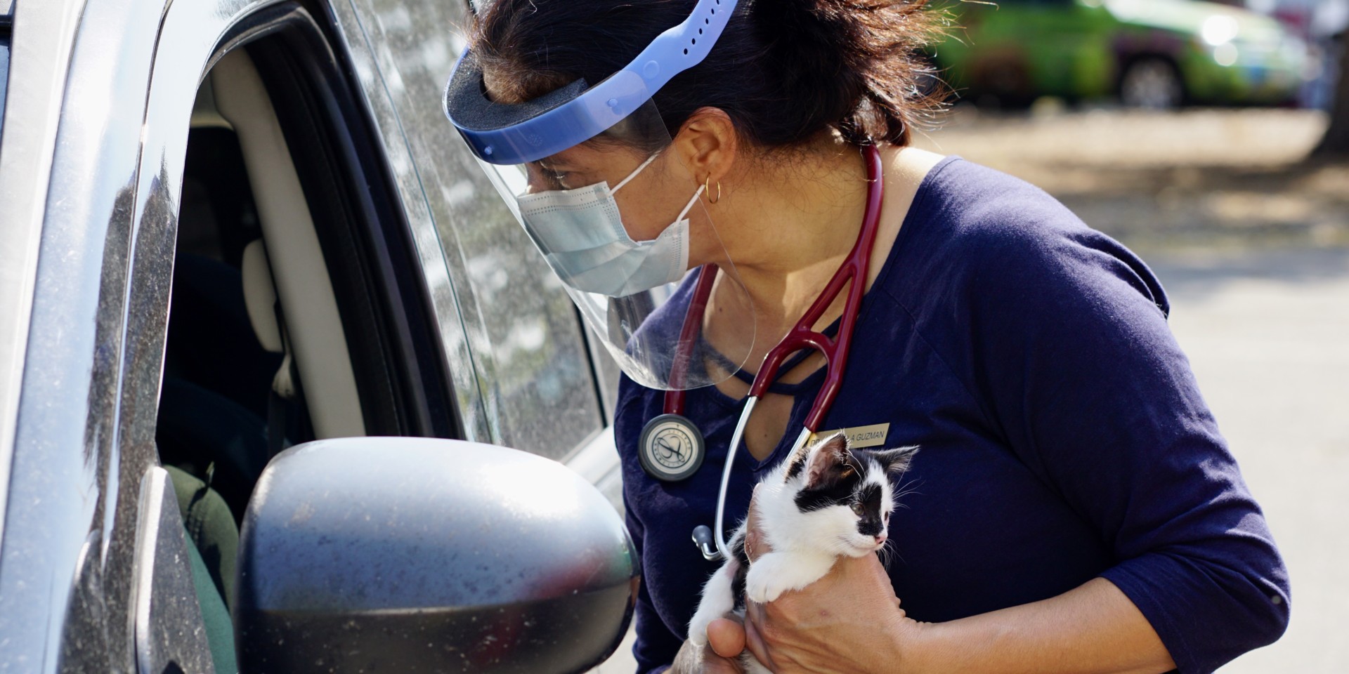 CSU D.V.M. volunteer speaks to client through car window while holding a kitten at seventh annual CSU Spur Focus on Health Community Clinic in Denver on Oct. 3, 2020.