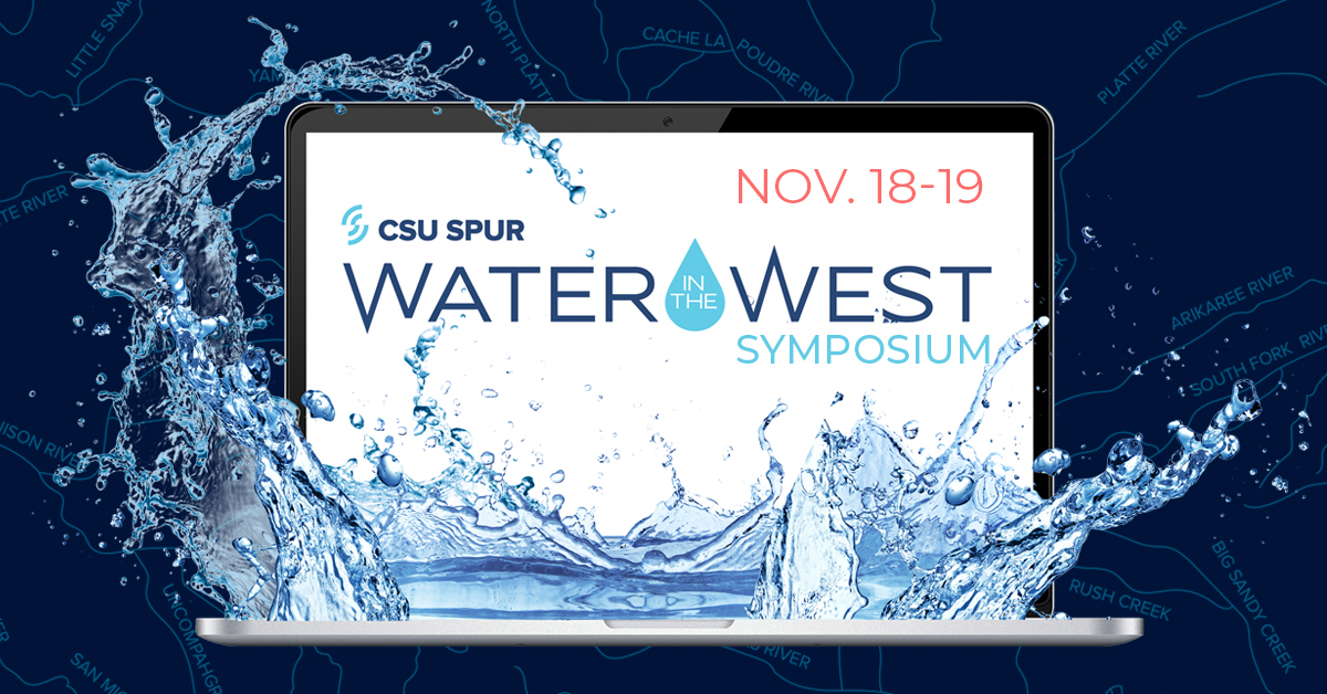 Promotional graphic for the 2020 CSU Spur Water in the West Symposium: open laptop with water splashing from the keyboard, Symposium logo on the screen.