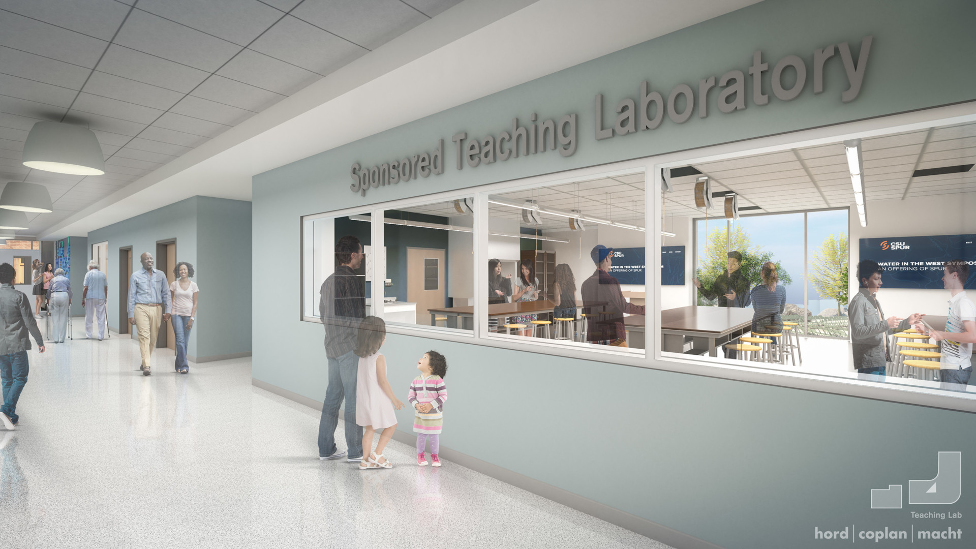 Rendering of a hallway looking into lab space at Hydro
