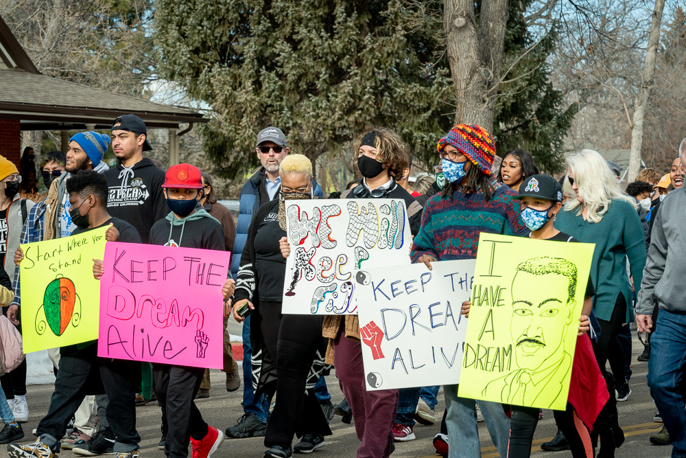 The 2022 Dr. Martin Luther King, Jr. Day march - The March is Far from Over, started at Washington Park in downtown Fort Collins and concluded at the Lory Student Center ballrooms, January 17, 2022.