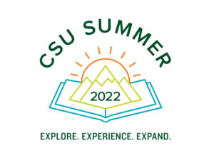 Colorado State University (CSU) Summer Session 2022 brand logo: book, mountains, rising sun. Explore. Experience. Expand.