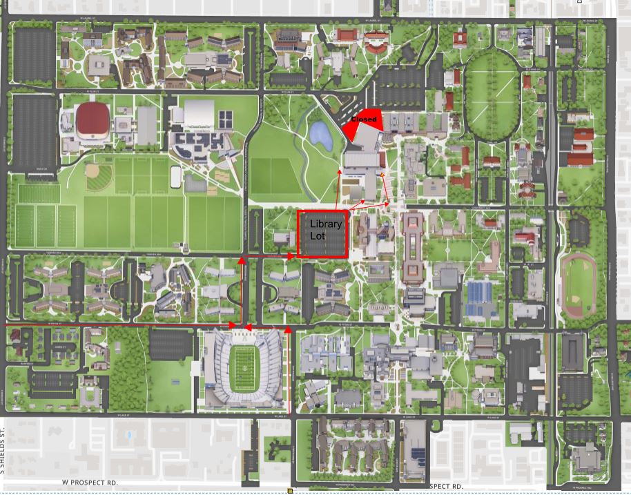 Campus map with library lot circled