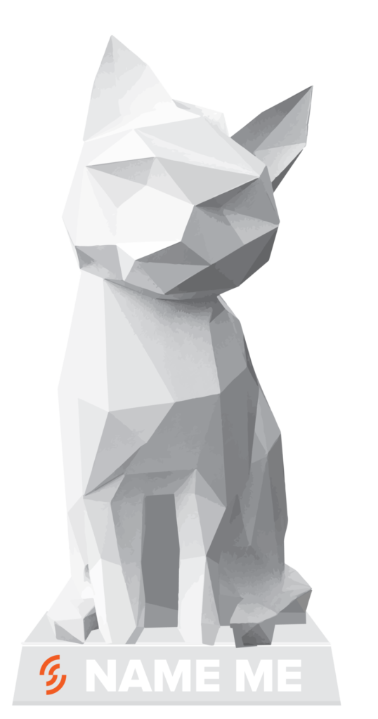 Cut out of a white kitten statue with the words "name me" on the base.