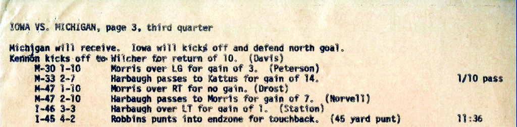 Part of the official summary of Iowa's 1985 win against Michigan. Norvell made the tackle on a pass completed by Harbaugh.