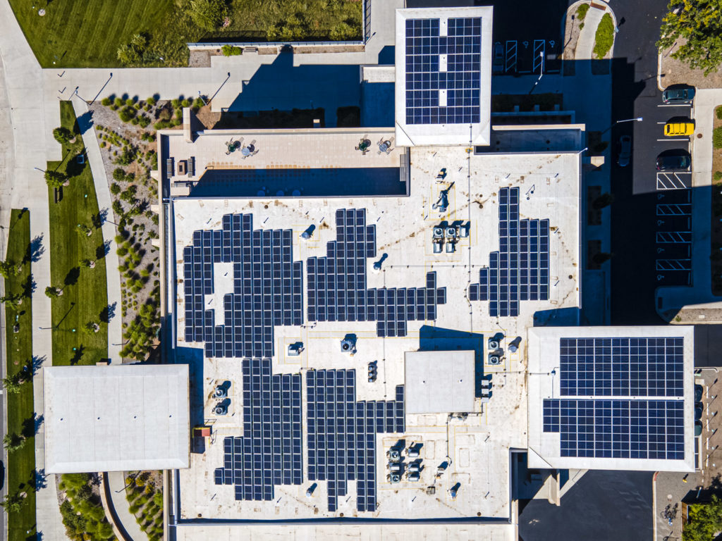 Solar panels on the roof of the CSU Health and Medical Center