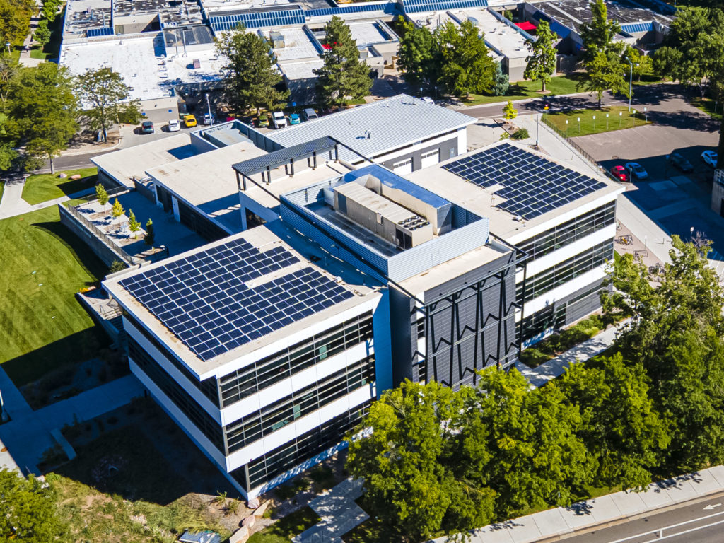 Solar panels on the roof of the Nancy Richardson Design Center