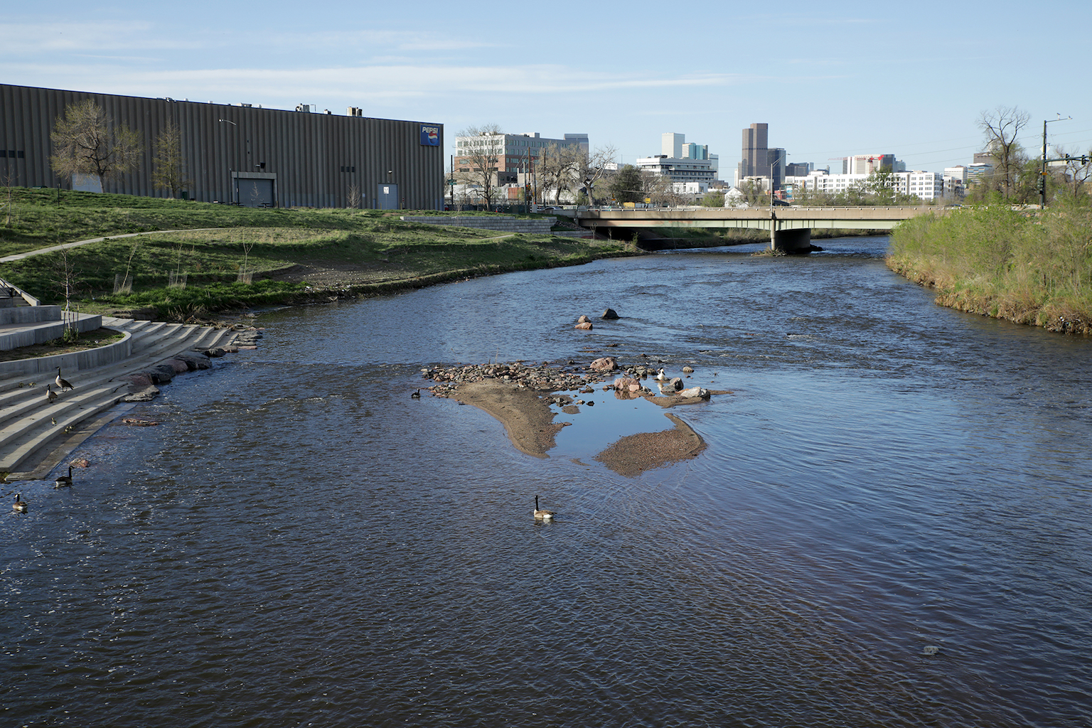 South Platte River with the Denver skyline in the background.