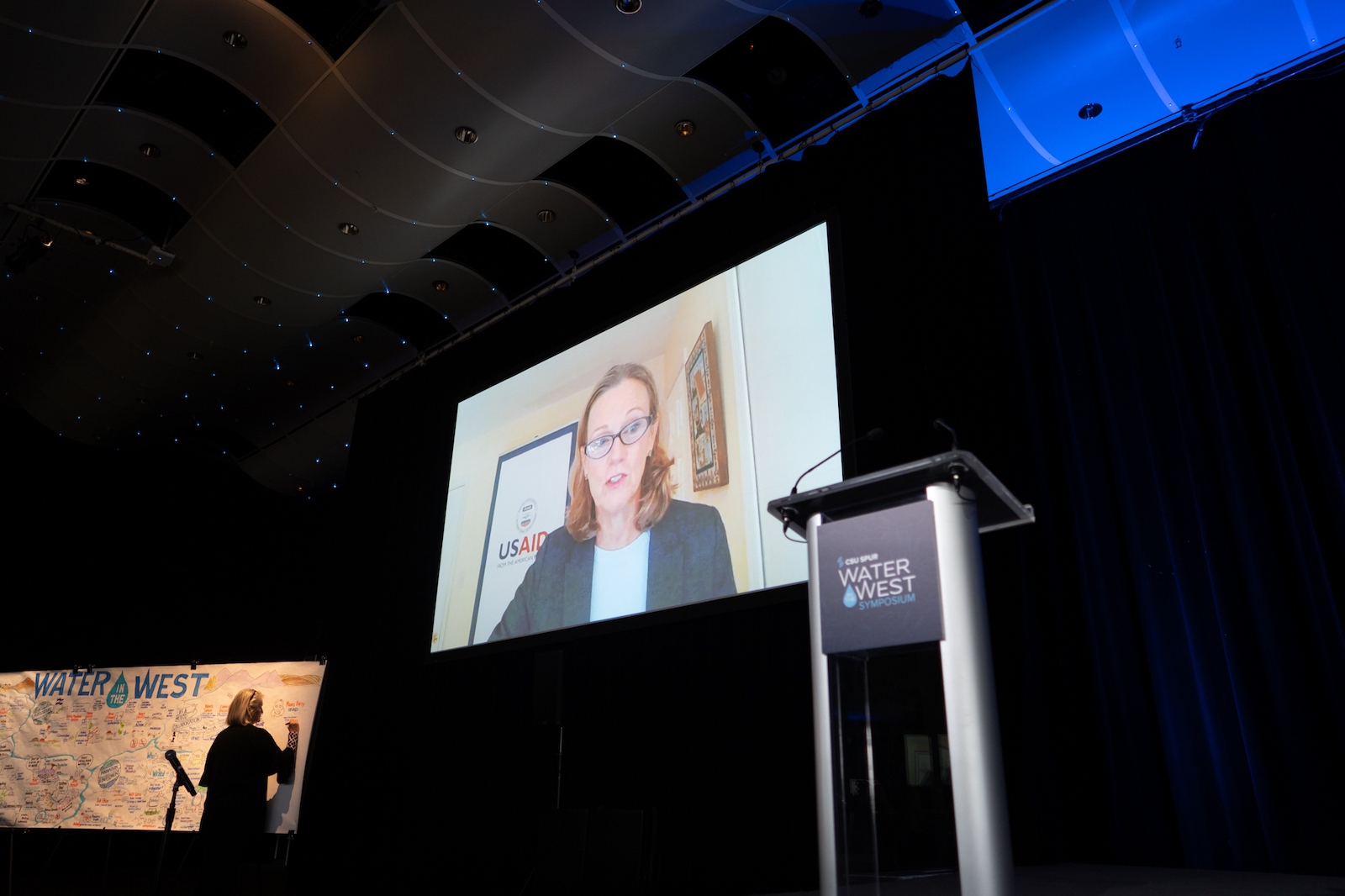 A woman speaks virtually on a large screen.