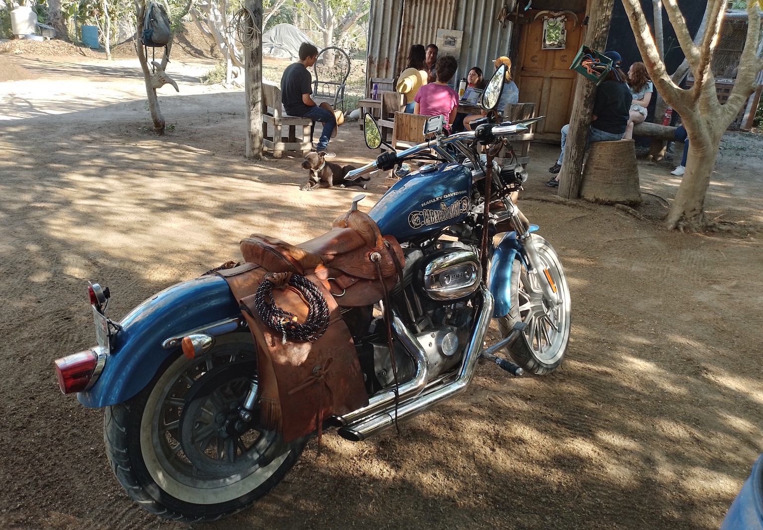 A motorcycle with saddle bags.